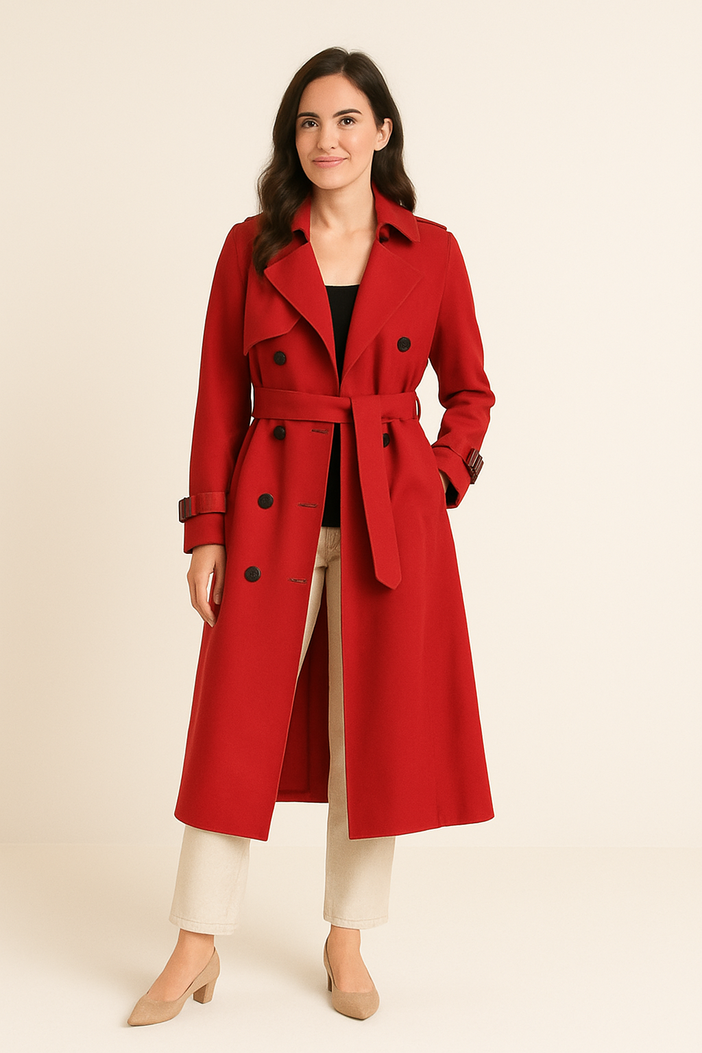 AROSA | Eleganter Damen Trenchcoat lang mit Bindegürtel und Knopfleiste