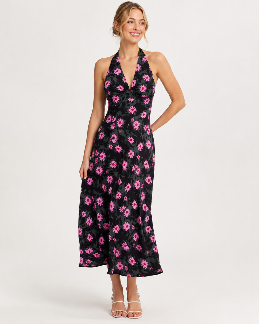 AROSA | V-Ausschnitt Halter Rückfreies Schwarzes Midi-Kleid