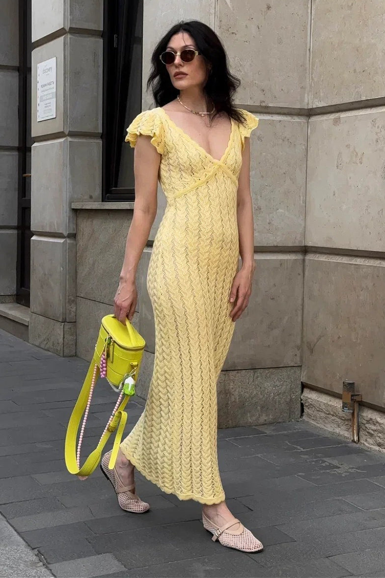 Maxi-Kleid Pastoral – Damen Maxikleid mit Volants & V-Ausschnitt
