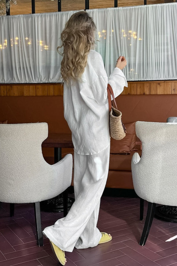 Damen Leinen-Set – Lässiges Hemd & Hose mit geradem Bein