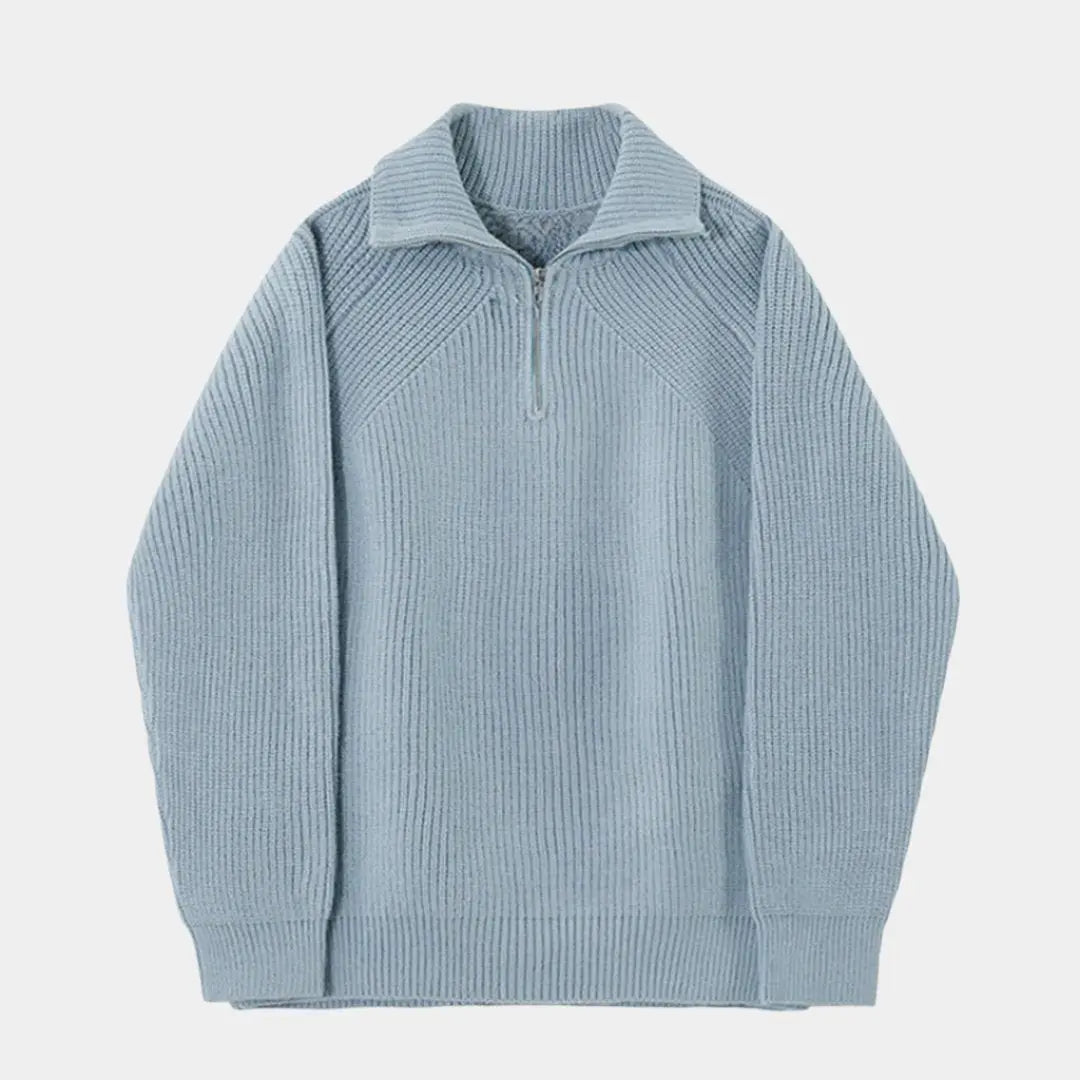 Azurblauer Pullover mit Viertel-Reissverschluss