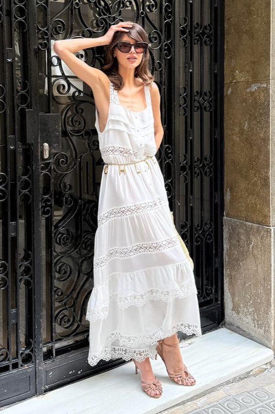 Damen Boho-Maxikleid – Romantisches Spitzenkleid mit Rüschen