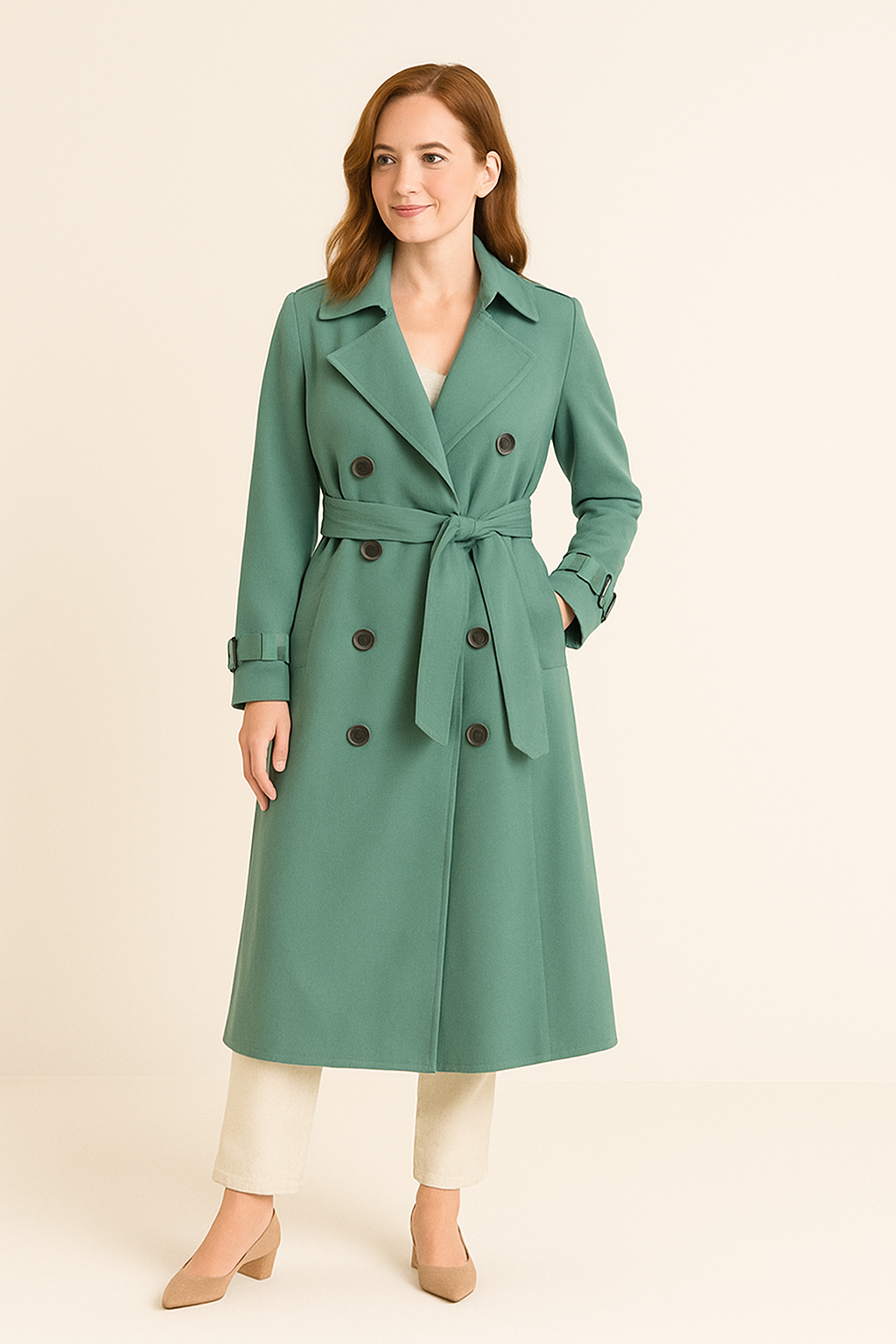 AROSA | Eleganter Damen Trenchcoat lang mit Bindegürtel und Knopfleiste