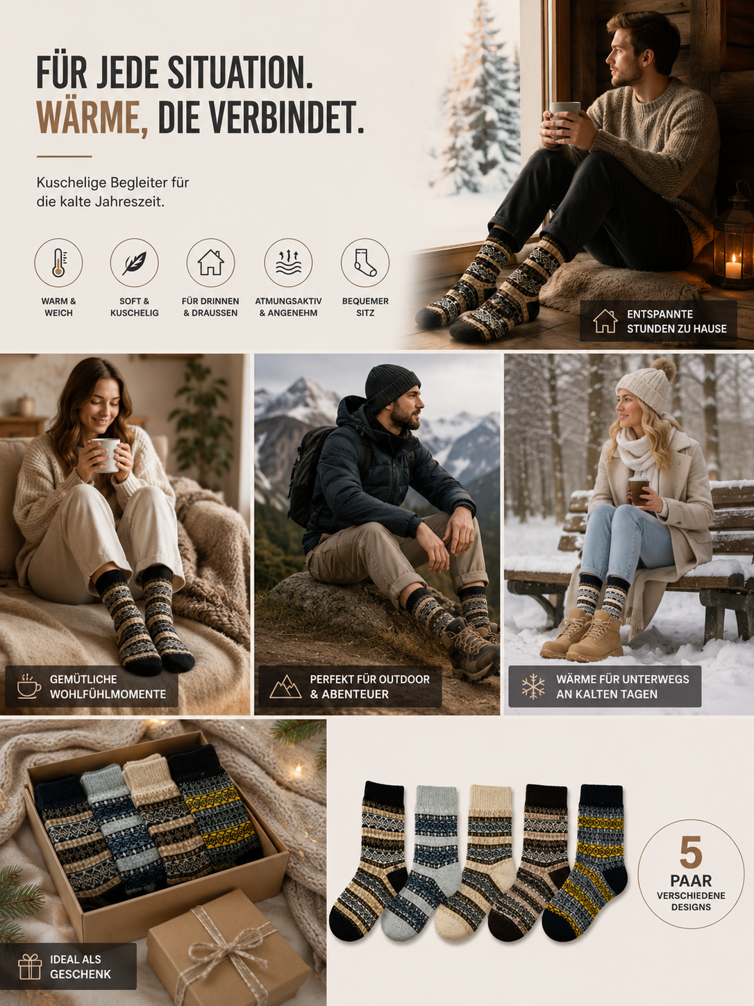 AROSA | Herren Wintersocken Nordic Muster 5er-Pack