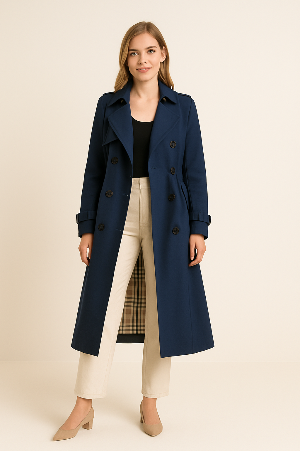 AROSA | Eleganter Damen Trenchcoat lang mit Bindegürtel und Knopfleiste