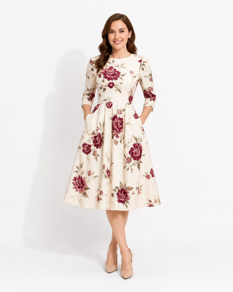 AROSA | Damen Florales Sommerkleid mit A-Linie und 3/4-Ärmeln luftig & leicht