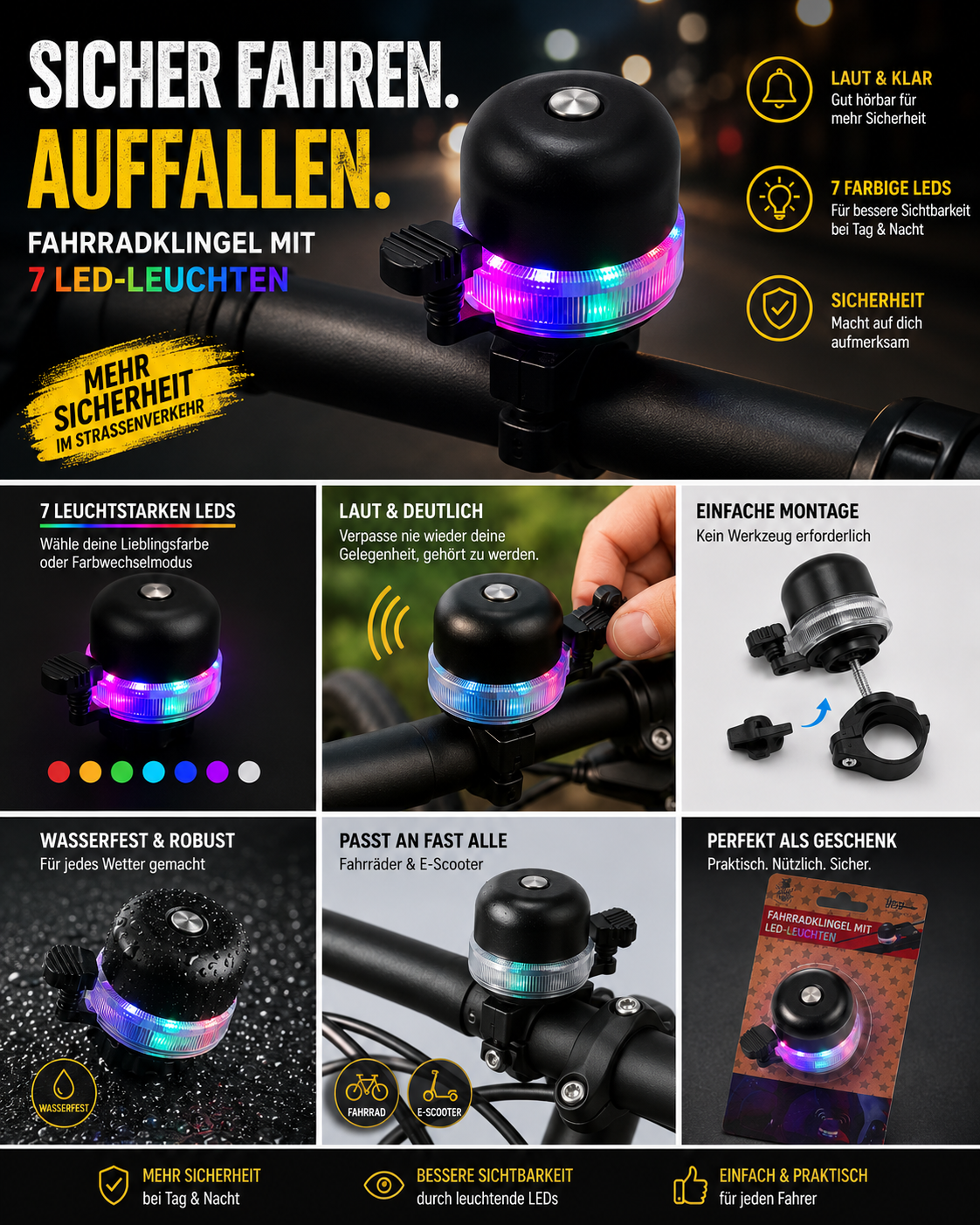 AROSA | LED Fahrradklingel mit Farbwechsel-Licht