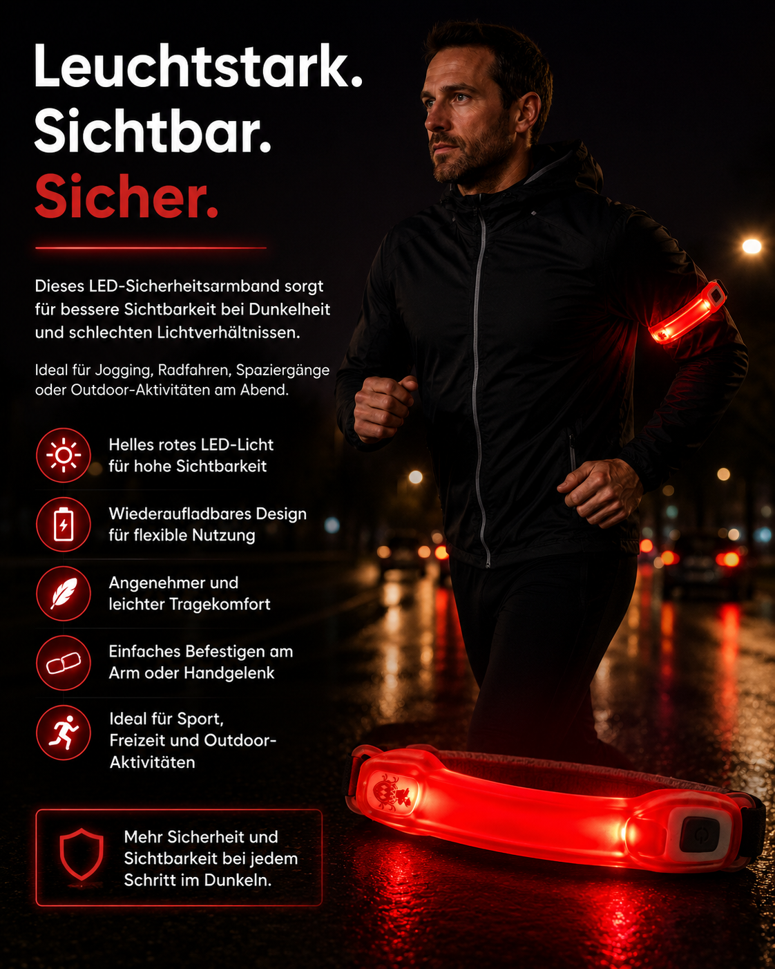 AROSA | LED Sicherheitsarmband Wiederaufladbar Rot