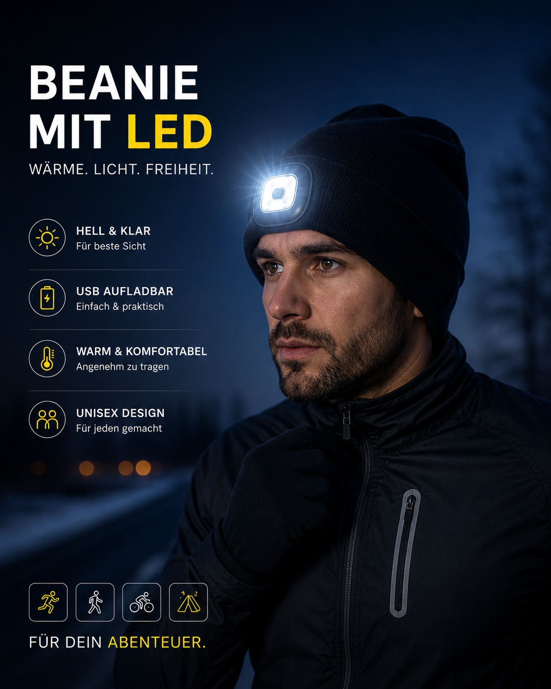AROSA | LED Wintermütze mit USB-Aufladung Schwarz