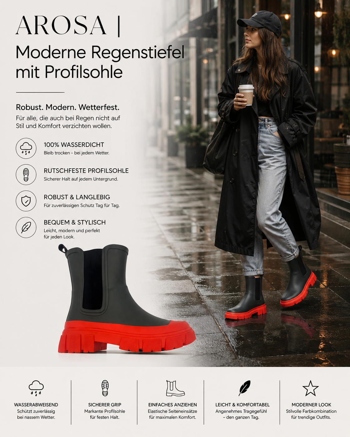 AROSA | Moderne Regenstiefel mit Profilsohle