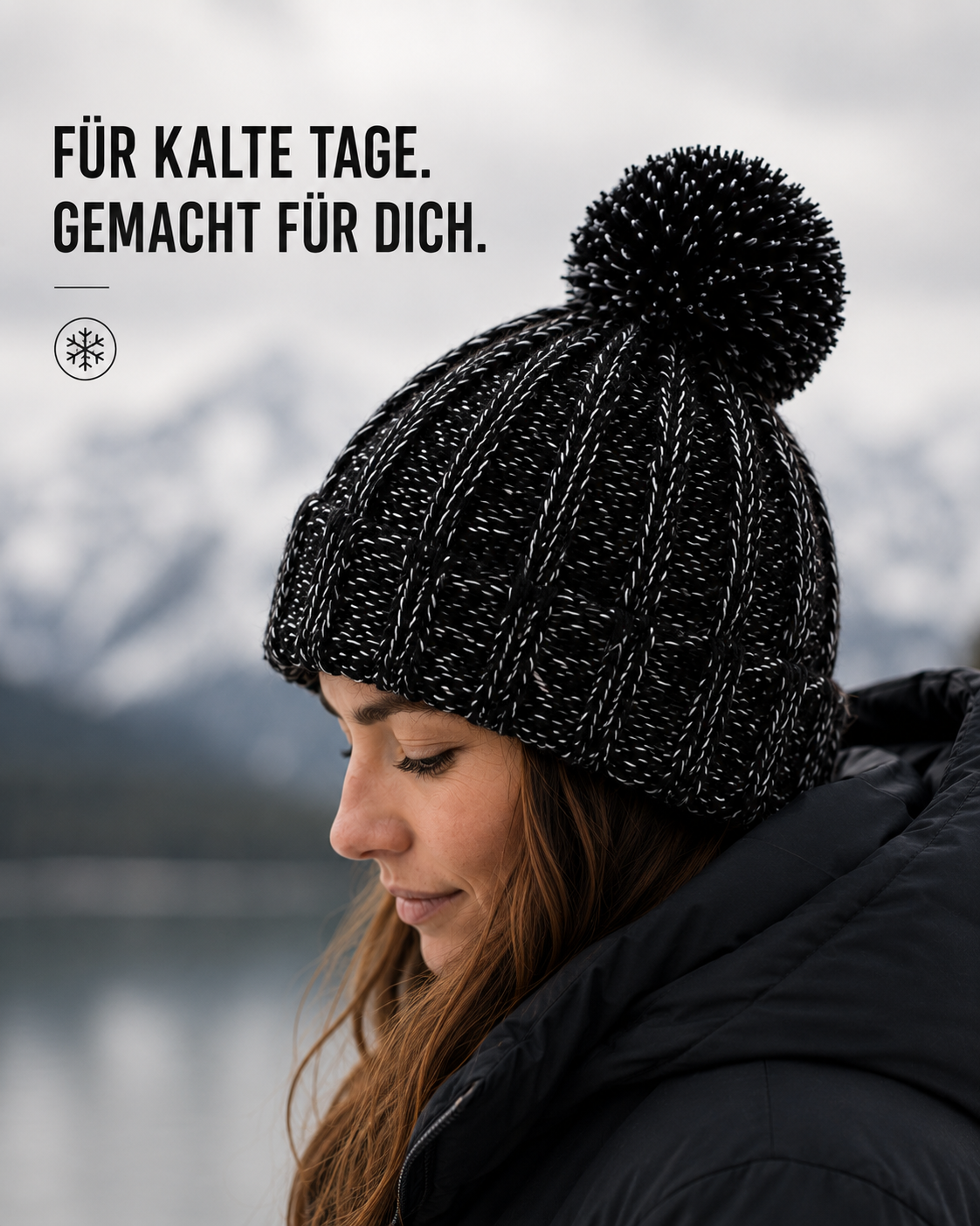 AROSA | Reflektierende Strickmütze mit Bommel Schwarz-Grau