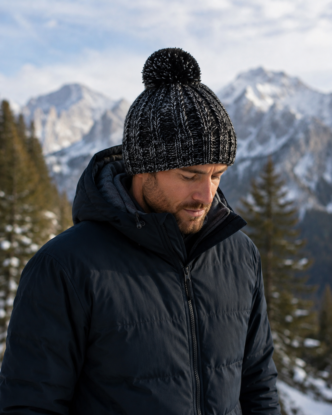 AROSA | Reflektierende Strickmütze mit Bommel Schwarz-Grau
