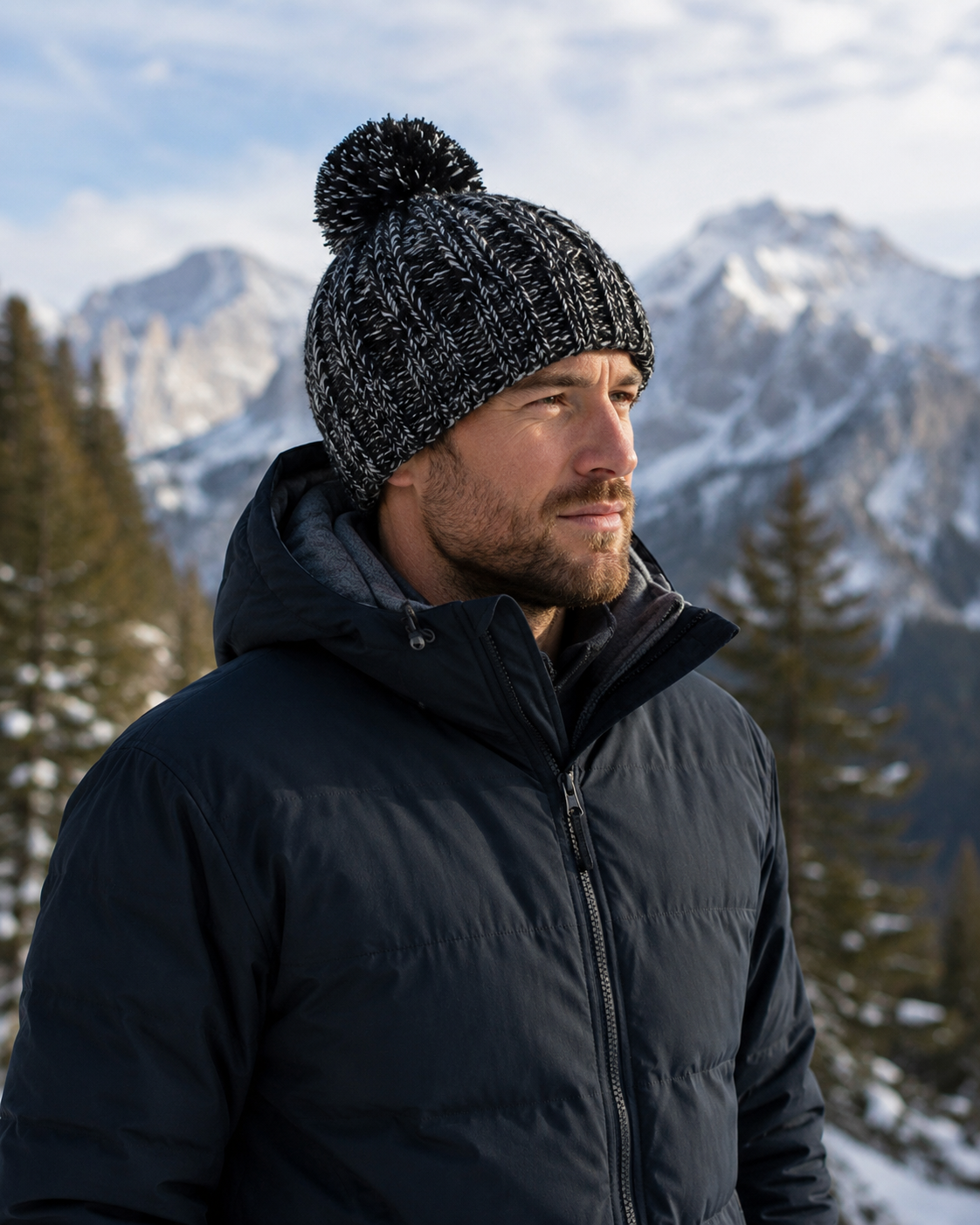 AROSA | Reflektierende Strickmütze mit Bommel Schwarz-Grau