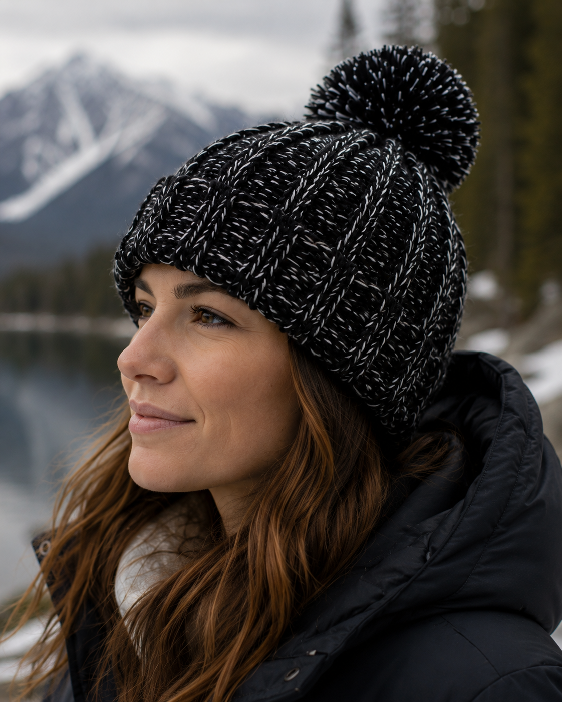 AROSA | Reflektierende Strickmütze mit Bommel Schwarz-Grau