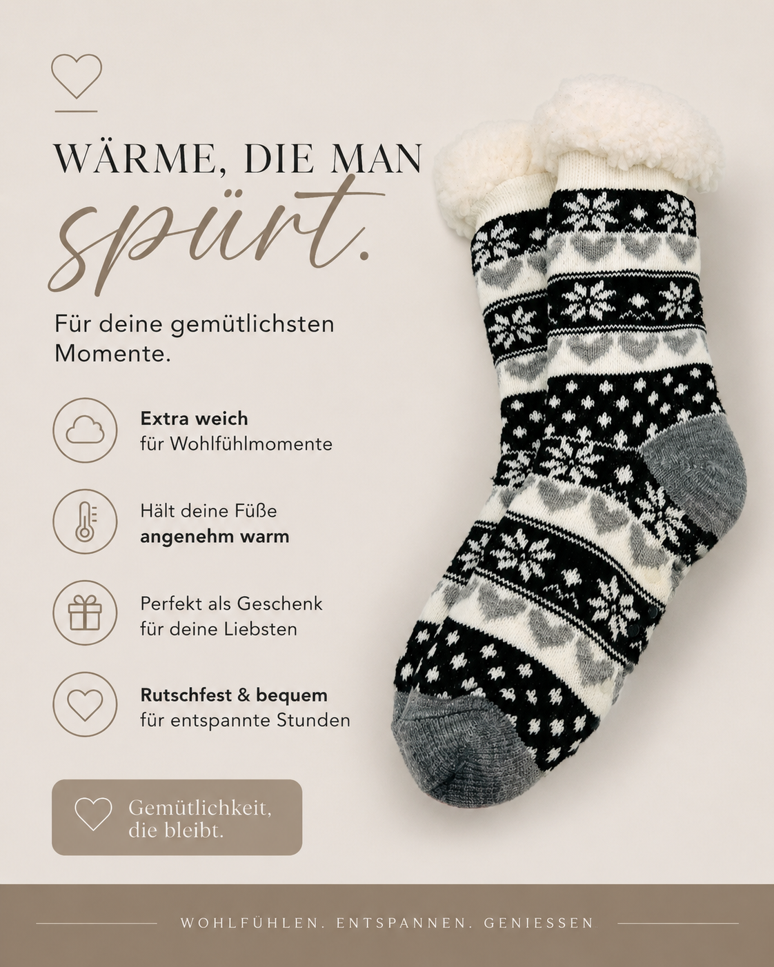 AROSA | Damen Kuschelsocken Herzmuster Schwarz Weiß