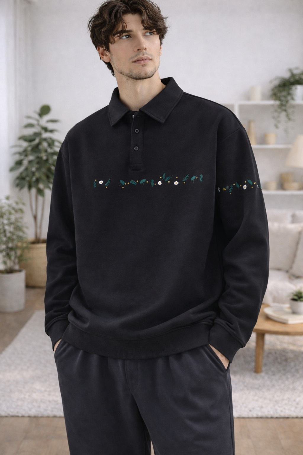 Chris | Bestickte Knopf Baumwoll Sweatshirts