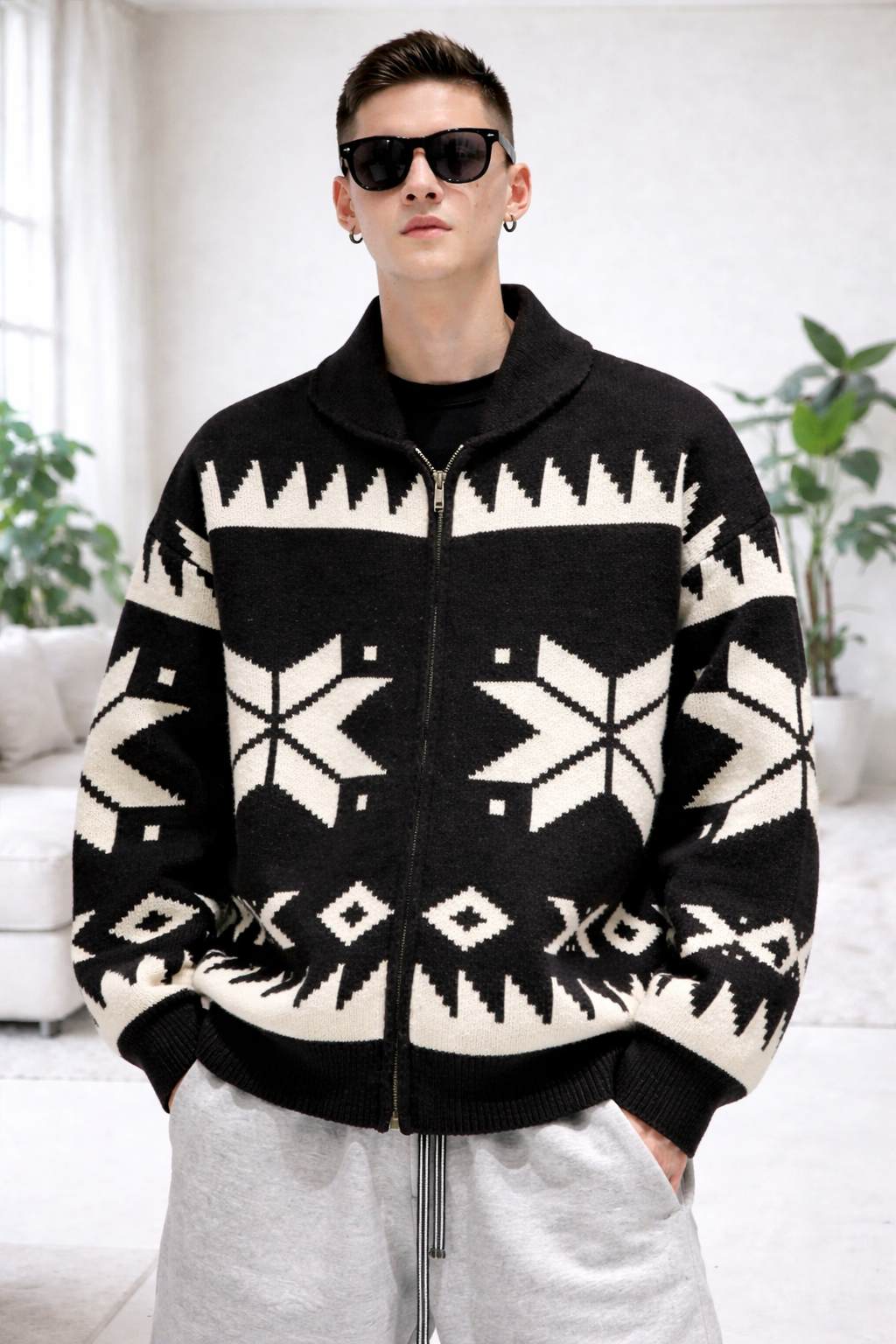 Jacquard | Zip-Up Gemütlicher Strickmantel