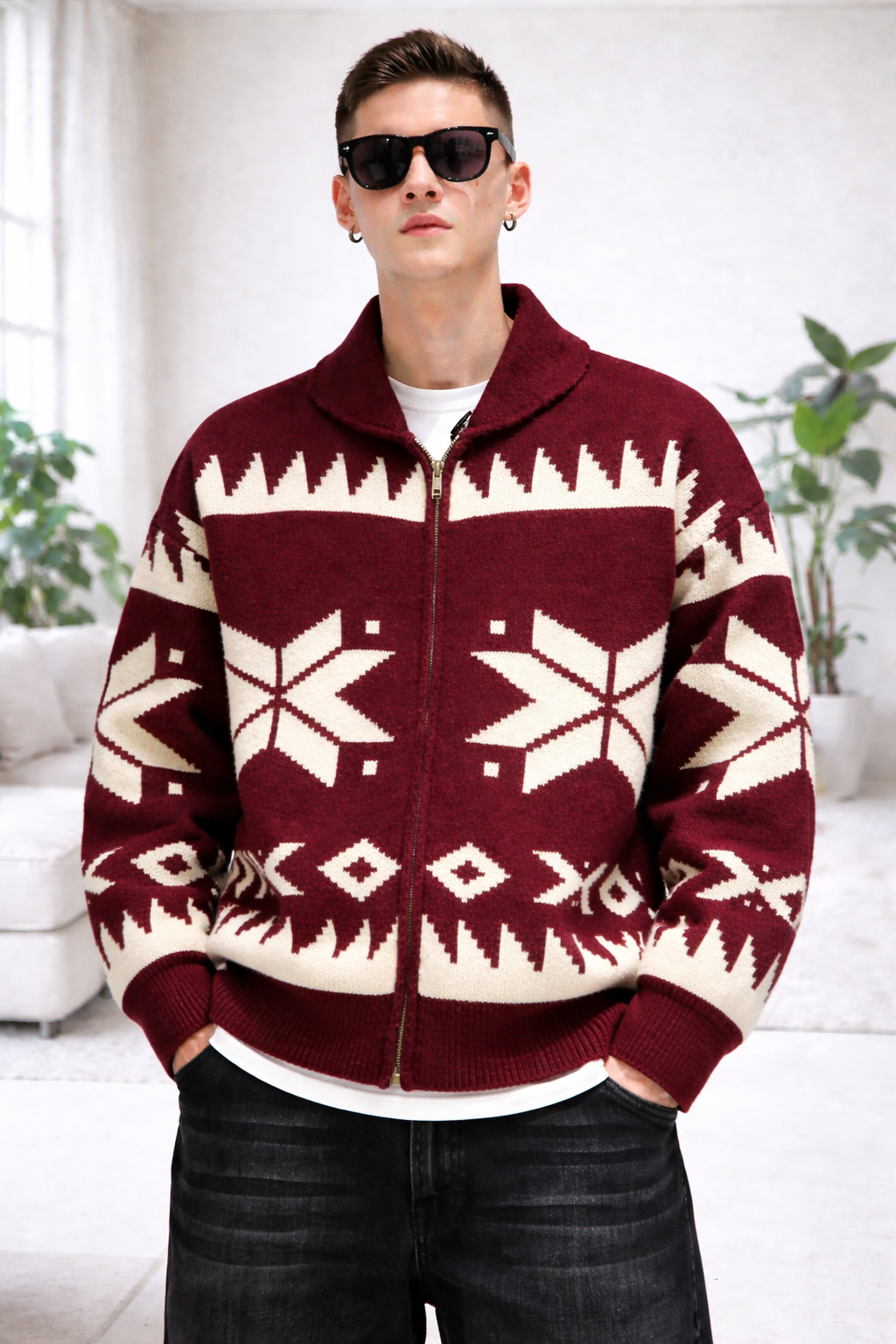 Jacquard | Zip-Up Gemütlicher Strickmantel