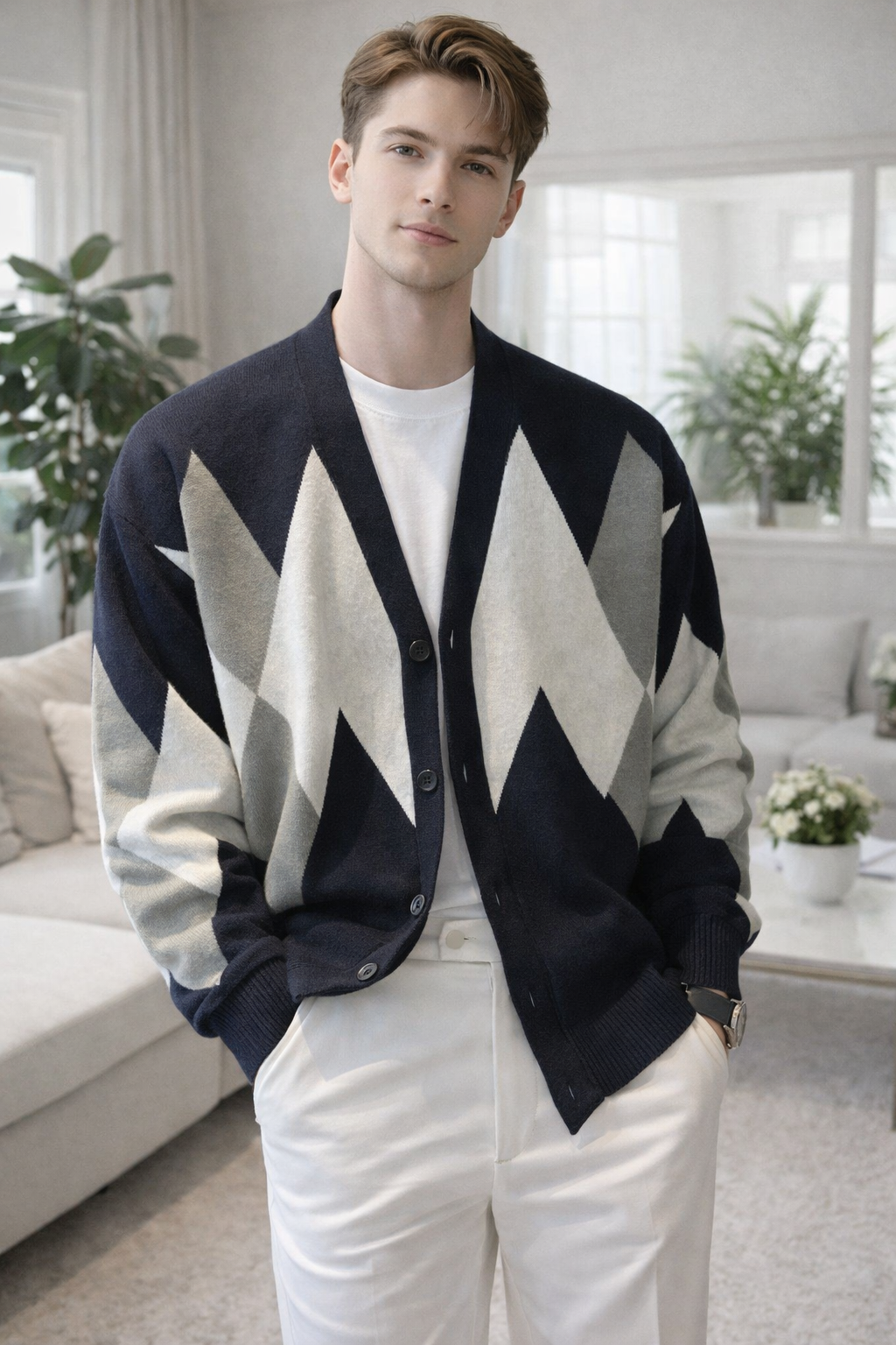 Jimmy Karierter Strickmantel – Gemütlicher Cardigan mit V-Ausschnitt