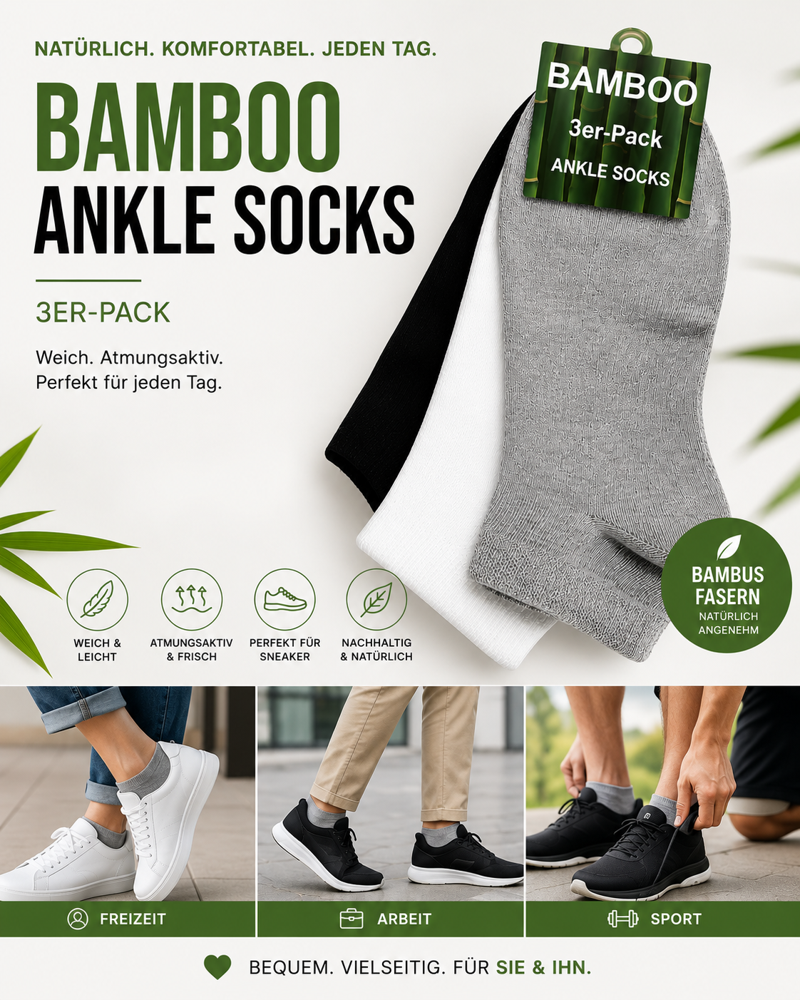 AROSA | Bambus Ankle Socken 3er-Pack Mix