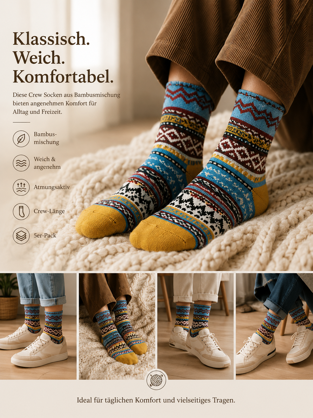 AROSA | Damen Norweger Socken 5er-Pack Bunt