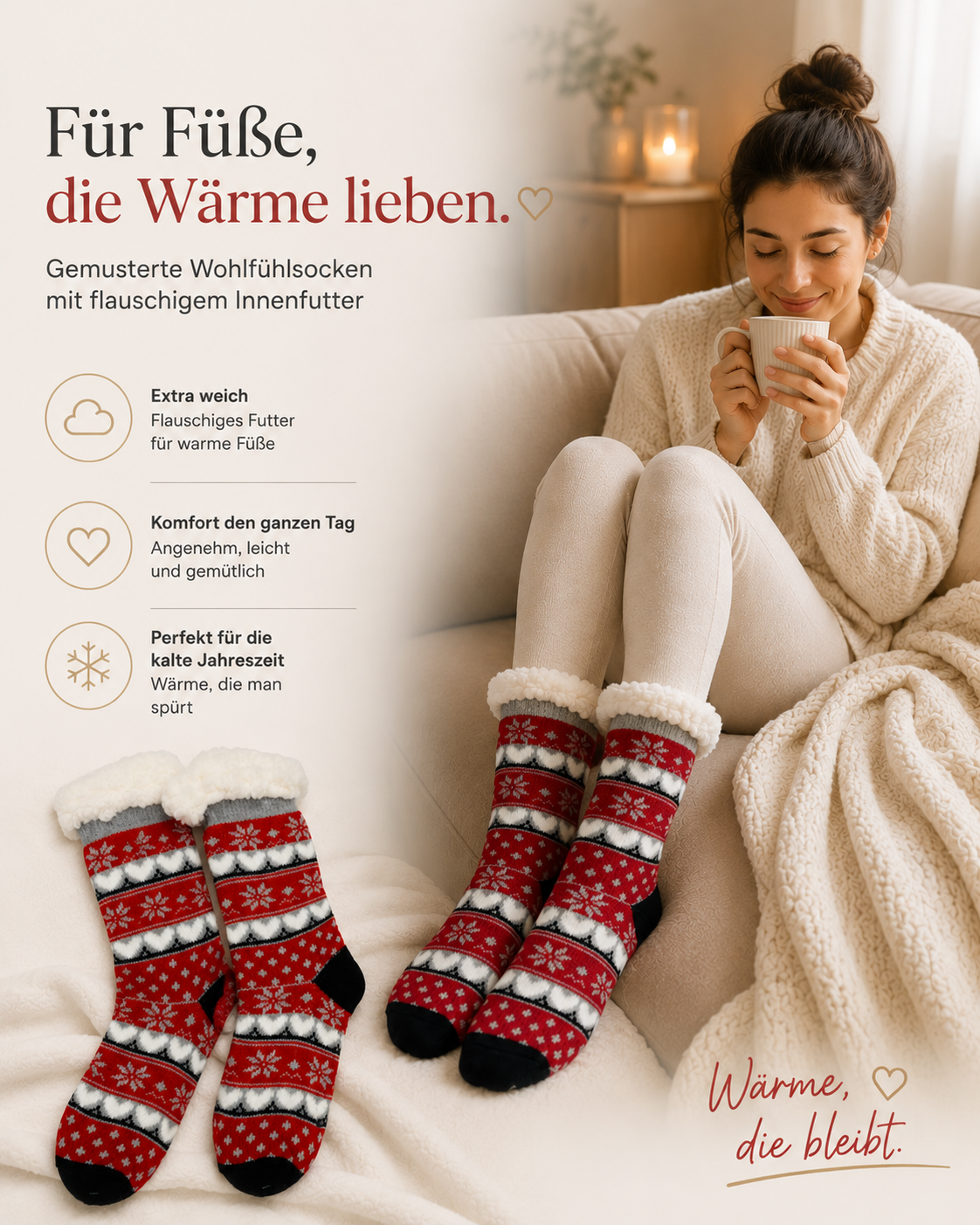 AROSA | Damen Kuschelsocken Wintermuster Rot