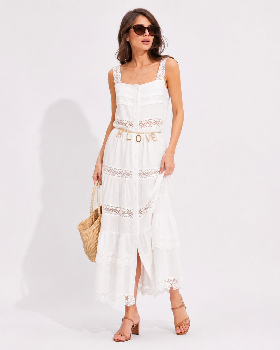 Damen Boho-Maxikleid – Romantisches Spitzenkleid mit Rüschen