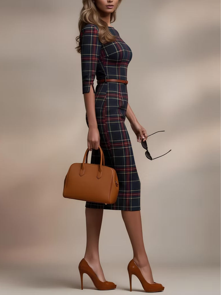 Lenora | Klassisches karierter Midi-Kleid