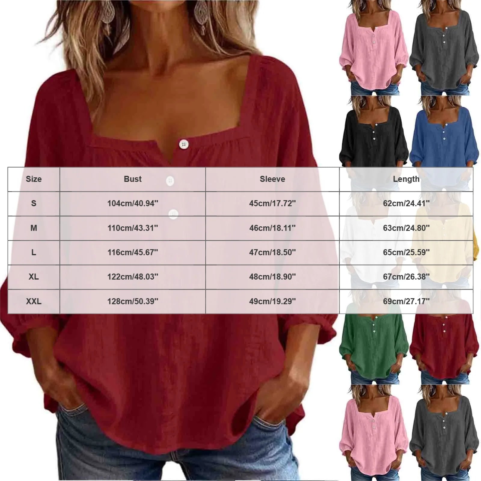 AROSA | Damen Plus Size Baumwoll-Leinen Bluse mit 3/4-Ärmeln