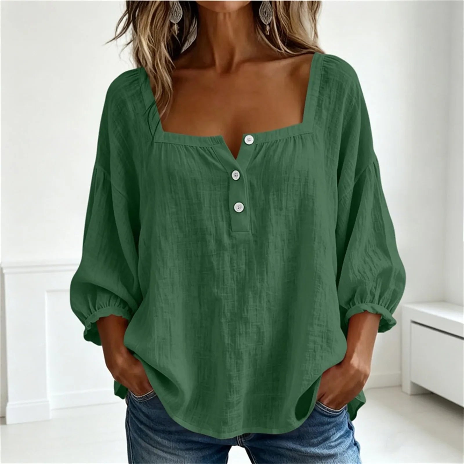 AROSA | Damen Plus Size Baumwoll-Leinen Bluse mit 3/4-Ärmeln