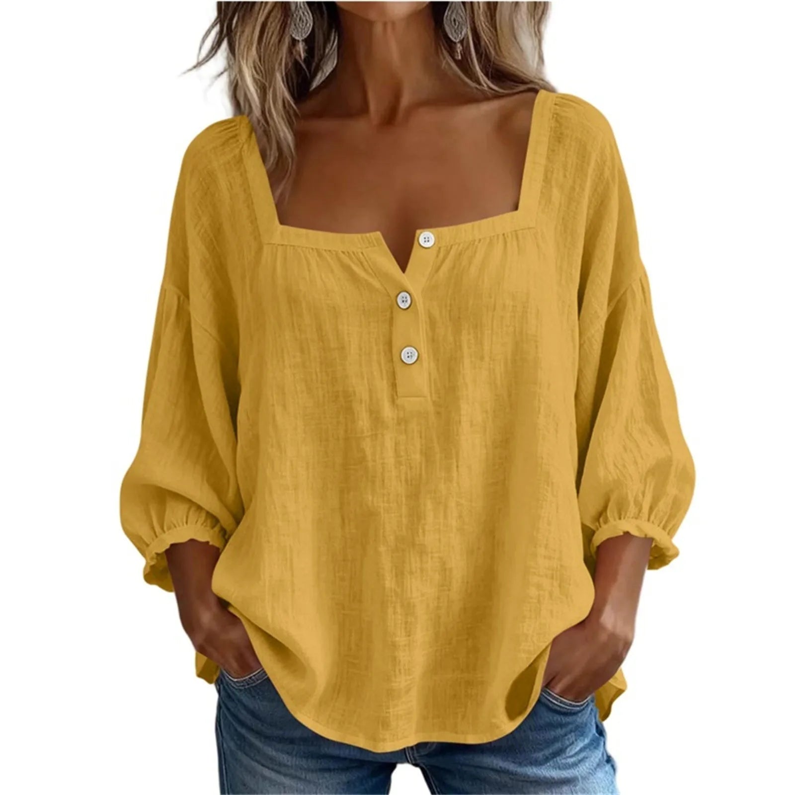 AROSA | Damen Plus Size Baumwoll-Leinen Bluse mit 3/4-Ärmeln