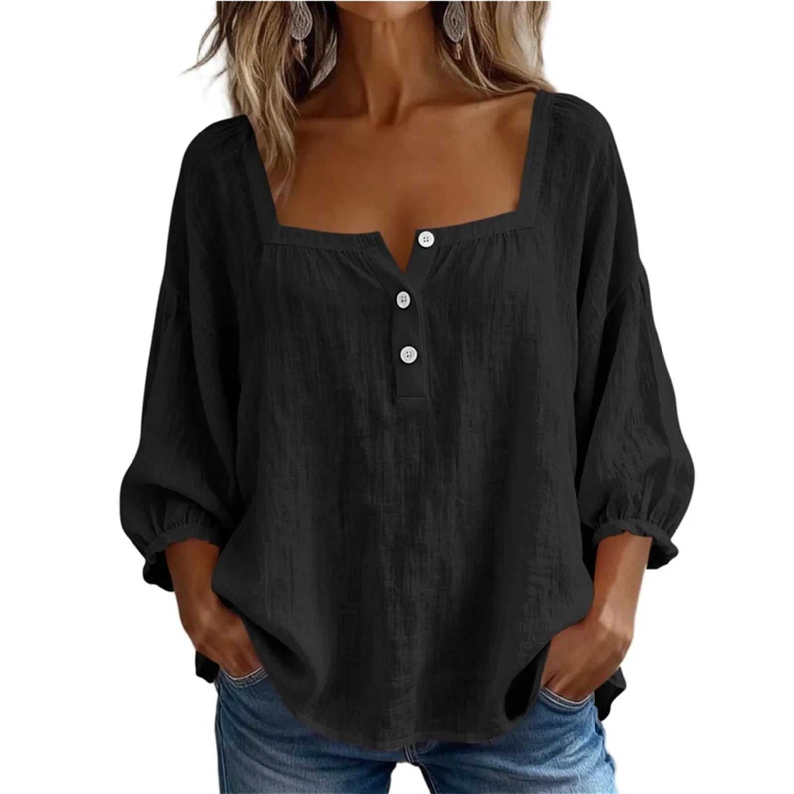AROSA | Damen Plus Size Baumwoll-Leinen Bluse mit 3/4-Ärmeln
