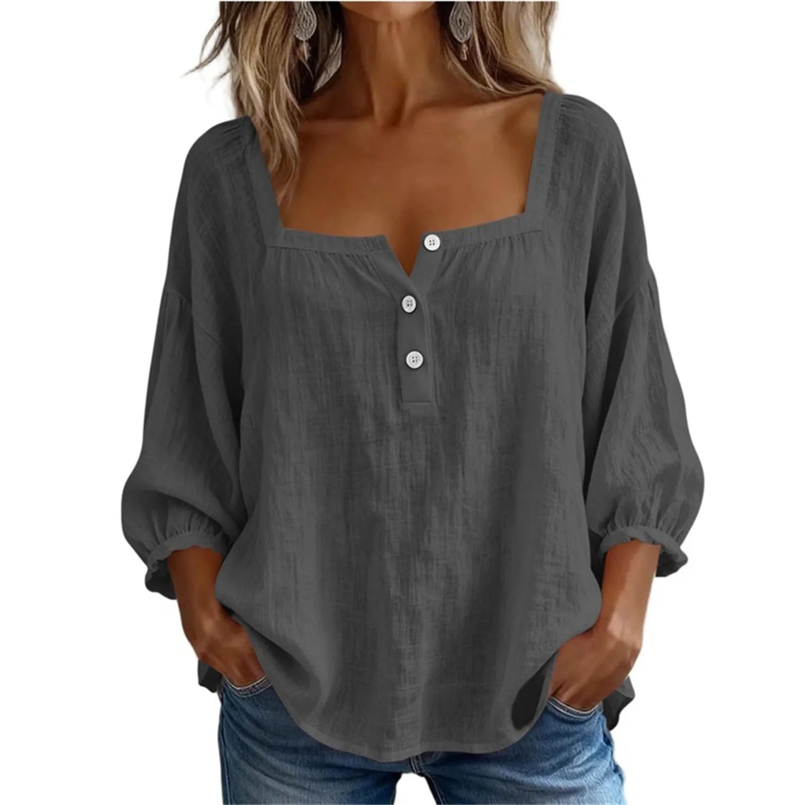 AROSA | Damen Plus Size Baumwoll-Leinen Bluse mit 3/4-Ärmeln