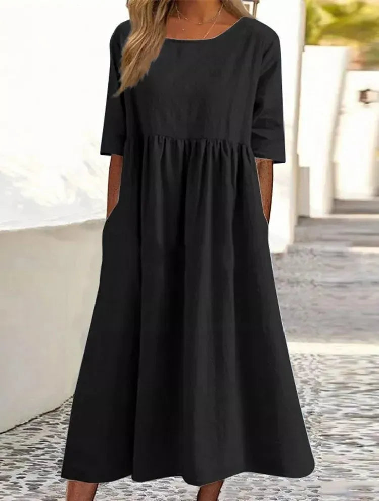 Charlotte - Baumwollkleid mit Rundhalsausschnitt und Taschen