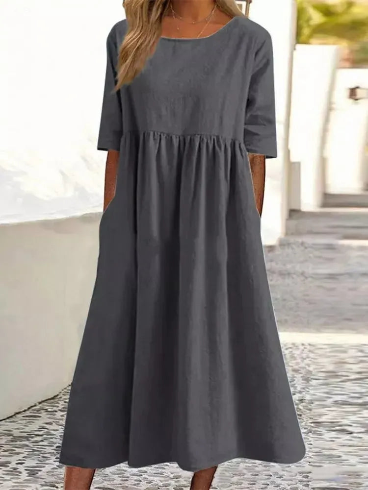 Charlotte - Baumwollkleid mit Rundhalsausschnitt und Taschen