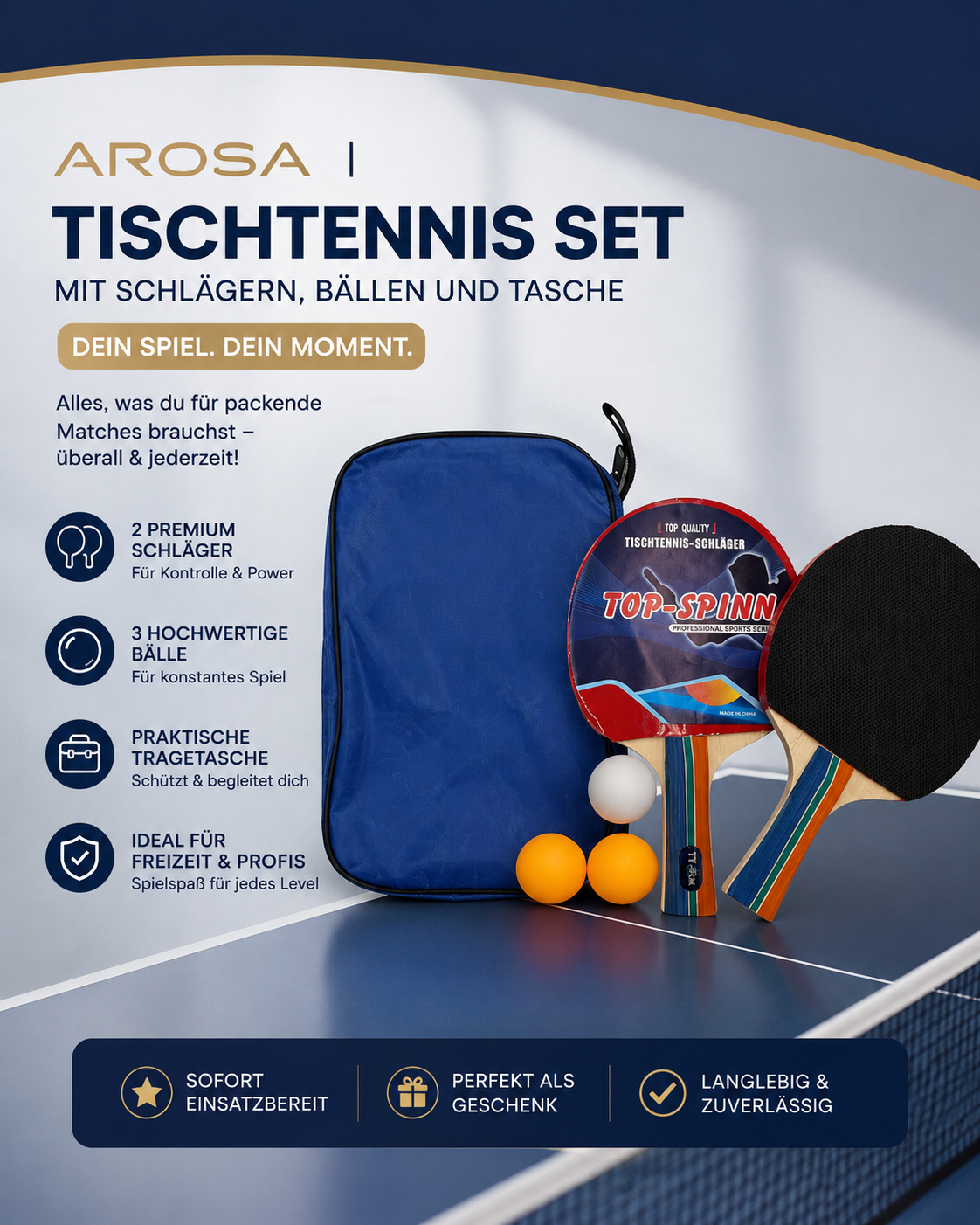 AROSA | Tischtennis Set mit Schlägern, Bällen und Tasche