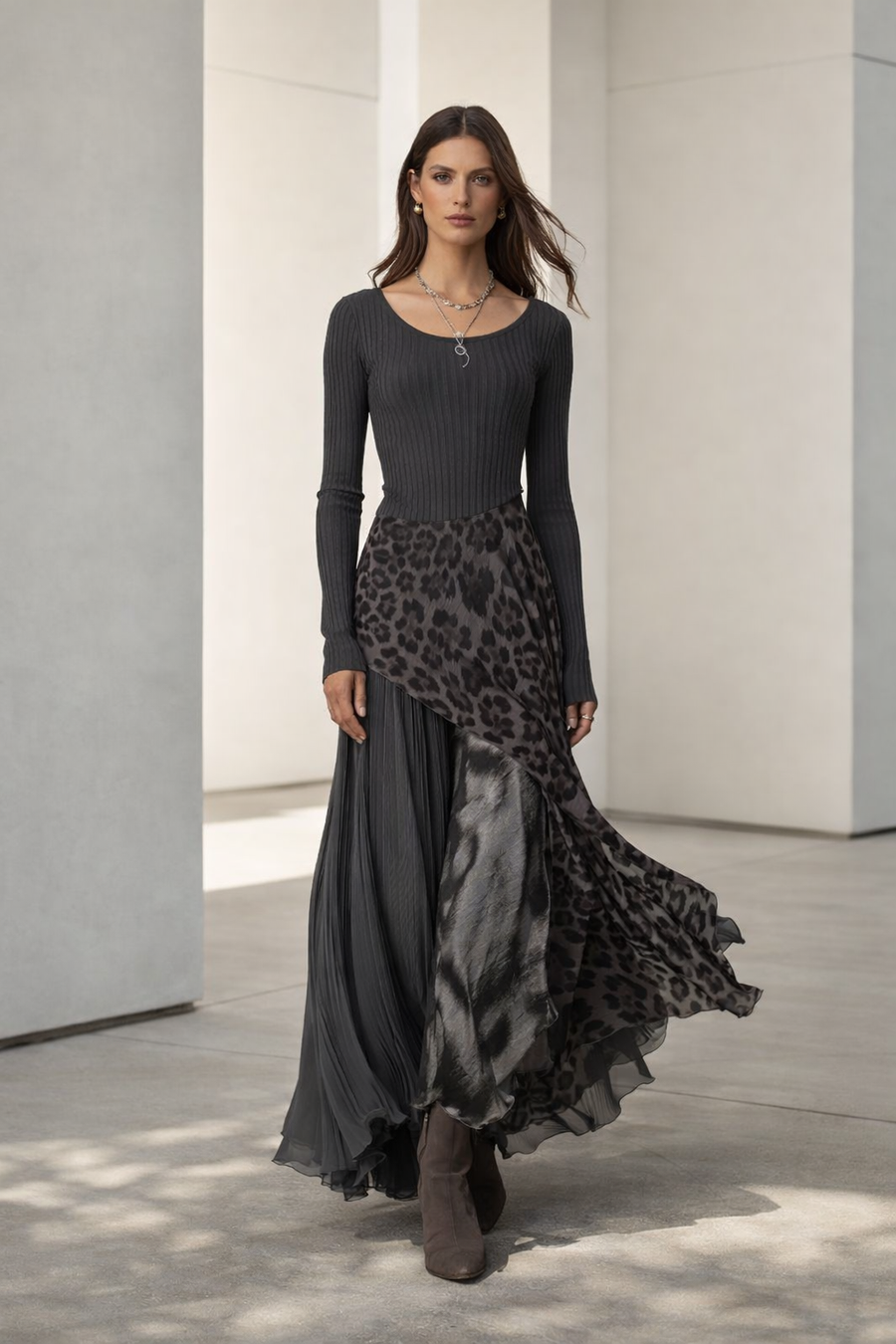 NEMIYA | Lange Kleid mit Eleganter Leopardenmuster