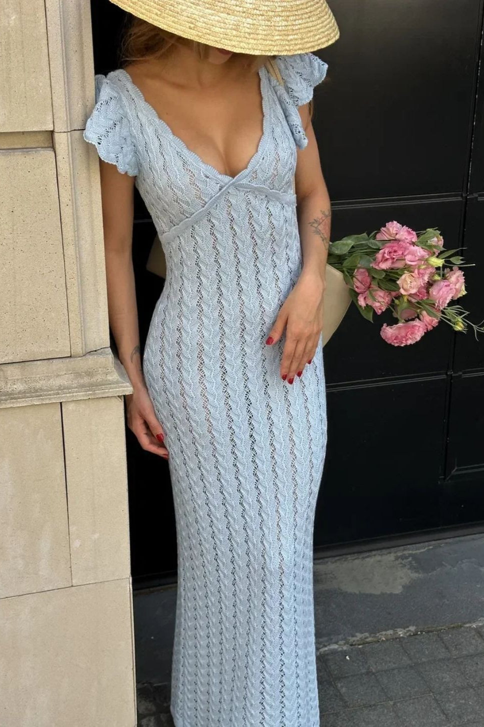 Maxi-Kleid Pastoral – Damen Maxikleid mit Volants & V-Ausschnitt