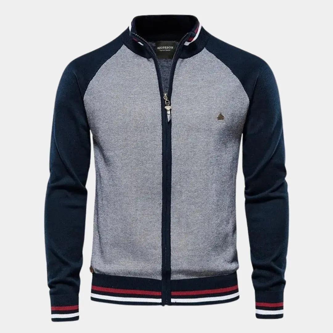 Stehkragen-Strickjacke mit Reißverschluss und Farbblock