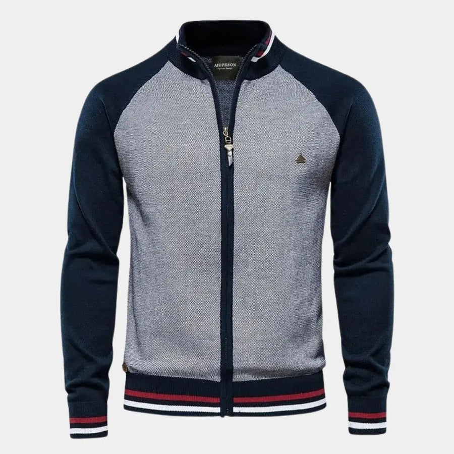 Stehkragen-Strickjacke mit Reißverschluss und Farbblock