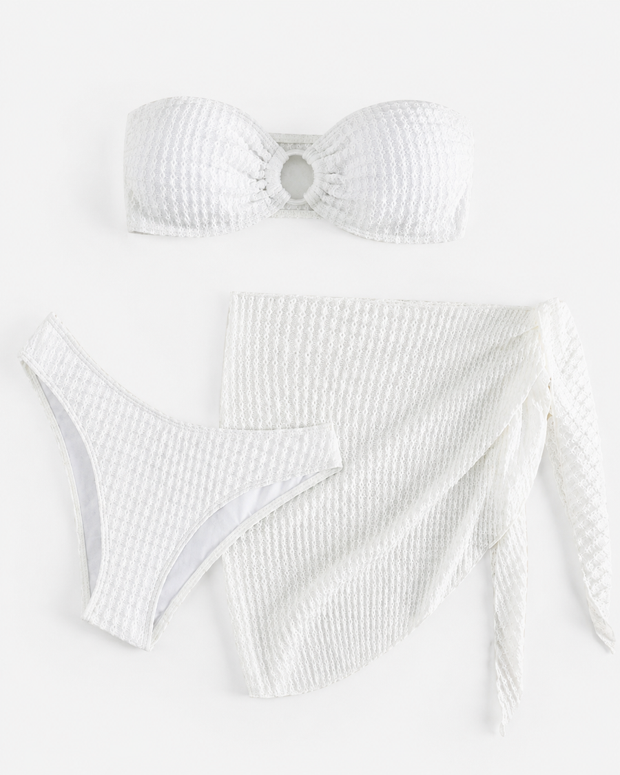 Finley | Bandeau 3-teiliges Bikini-Set für Frauen Weiß Ring Verbunden Push-Up Badeanzug