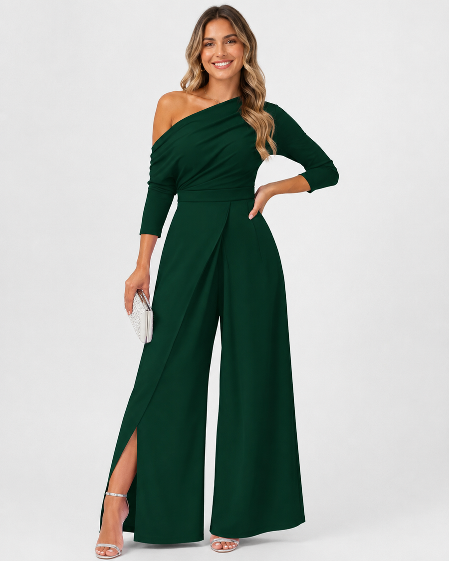 Justine | Modischer asymmetrischer Jumpsuit mit langen Ärmeln und schulterfrei