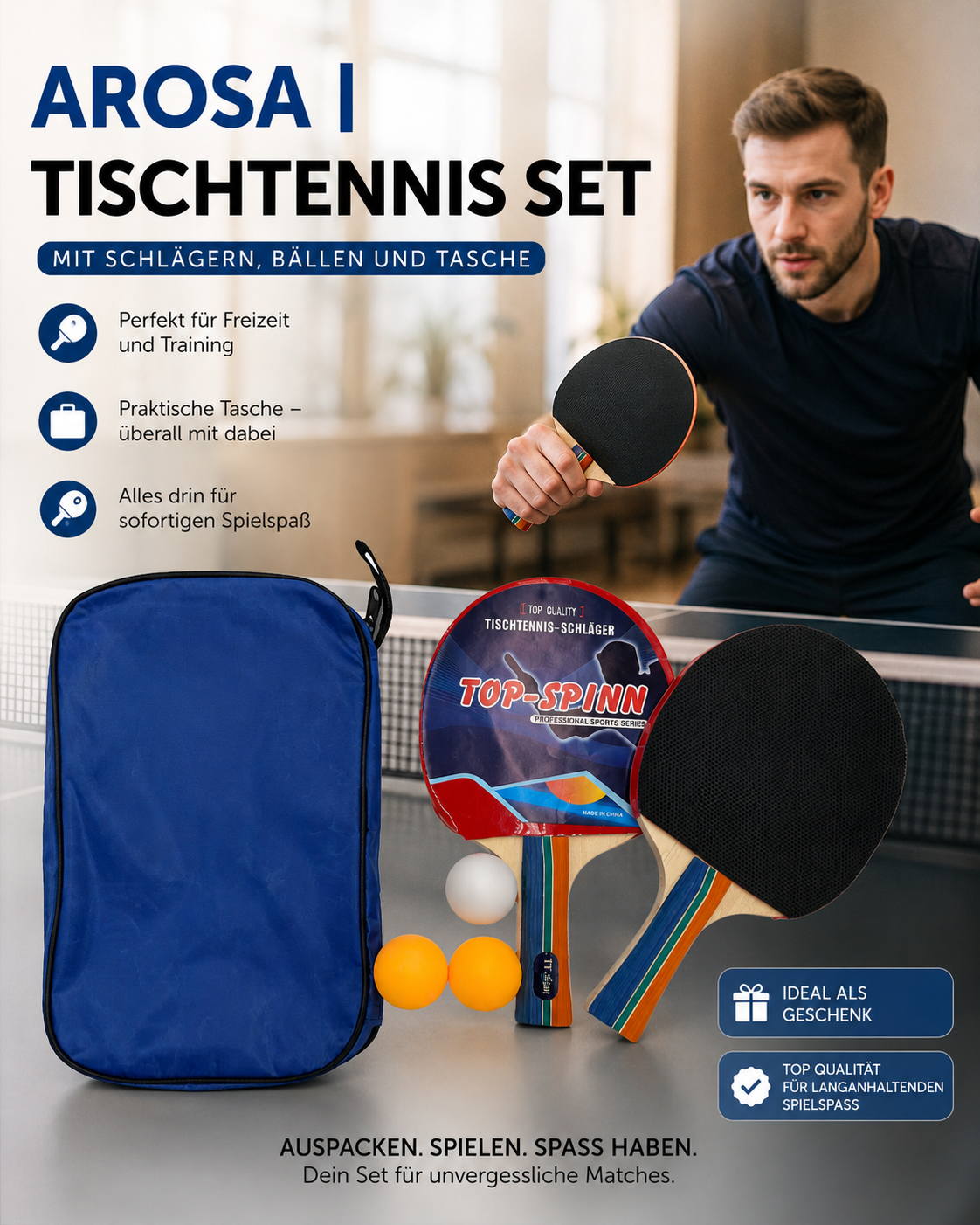 AROSA | Tischtennis Set mit Schlägern, Bällen und Tasche