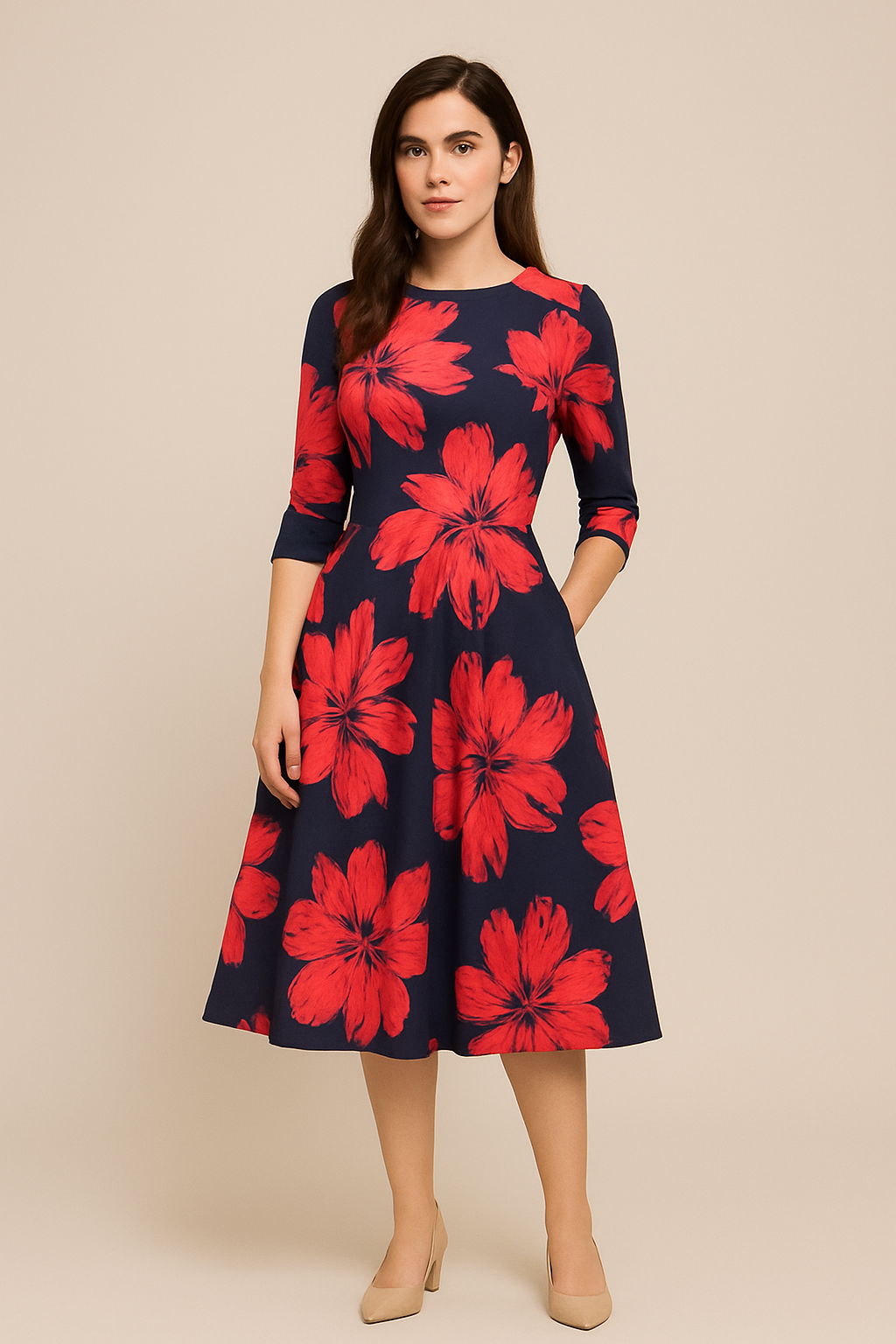 AROSA | Damen Florales Sommerkleid mit A-Linie und 3/4-Ärmeln luftig & leicht