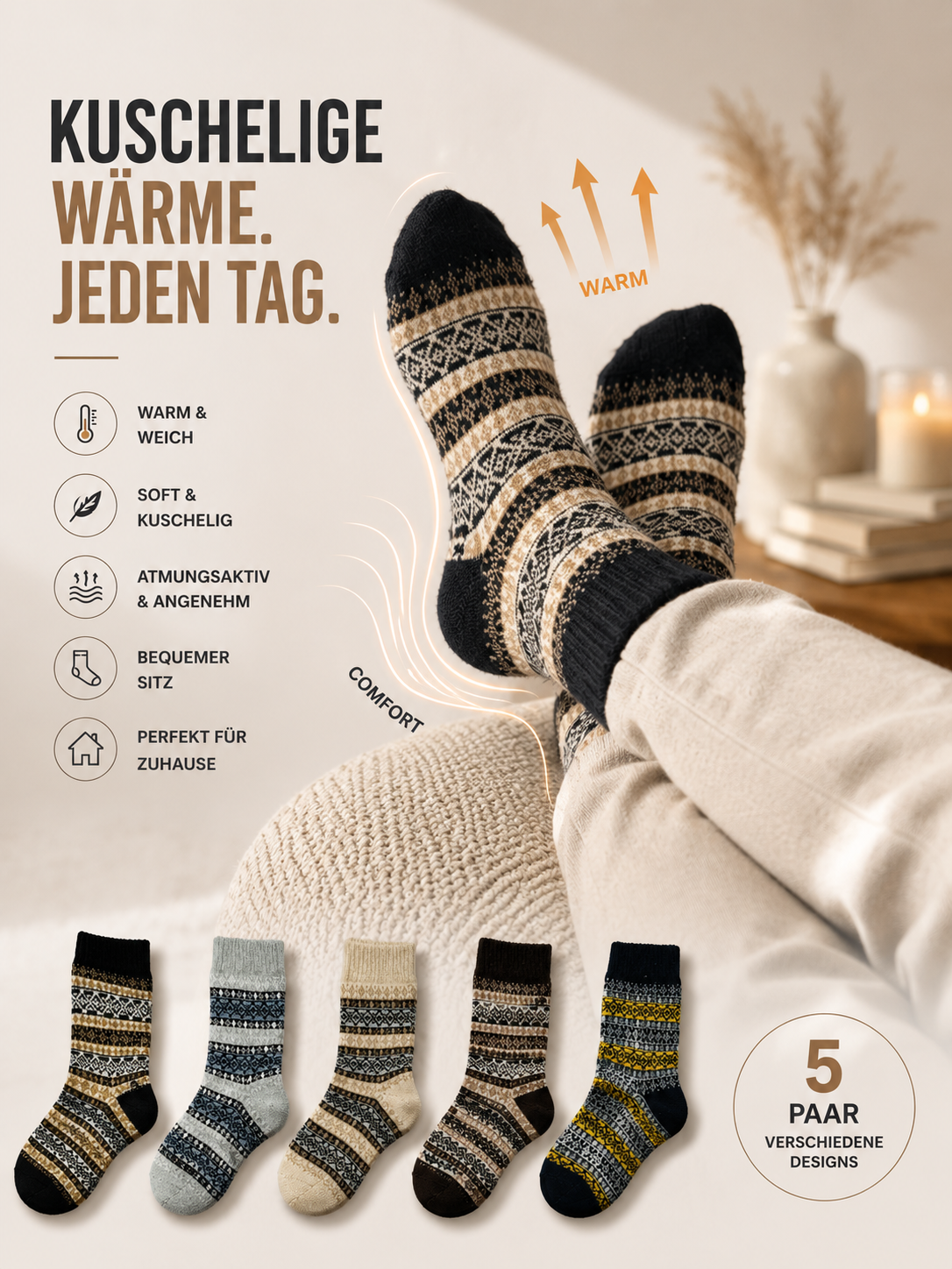AROSA | Herren Wintersocken Nordic Muster 5er-Pack