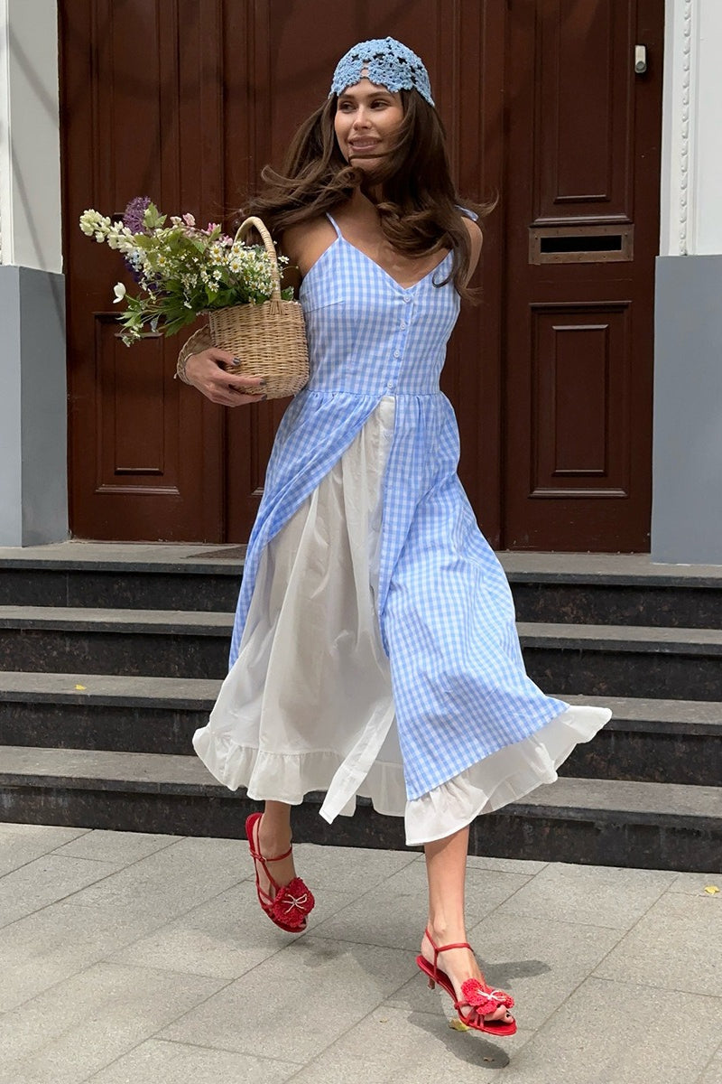 Karierte Midi-Spaghettiträgerkleid, Zweiteiliges Effekt, Mit Knöpfen