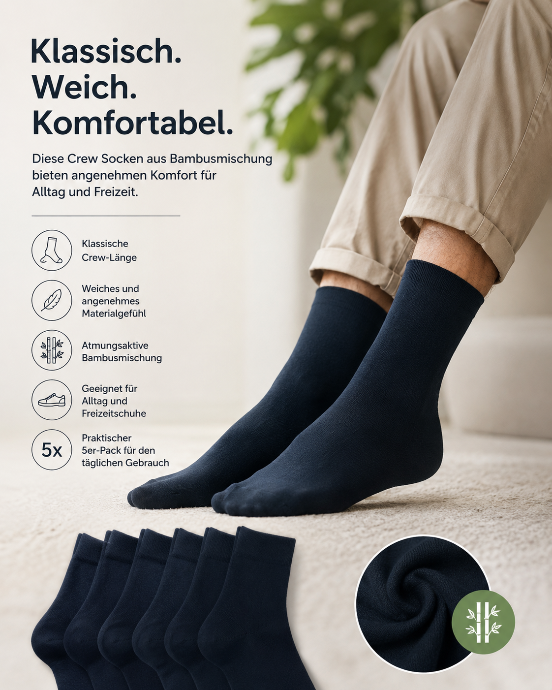 AROSA | Bambus Crew Socken 5er-Pack