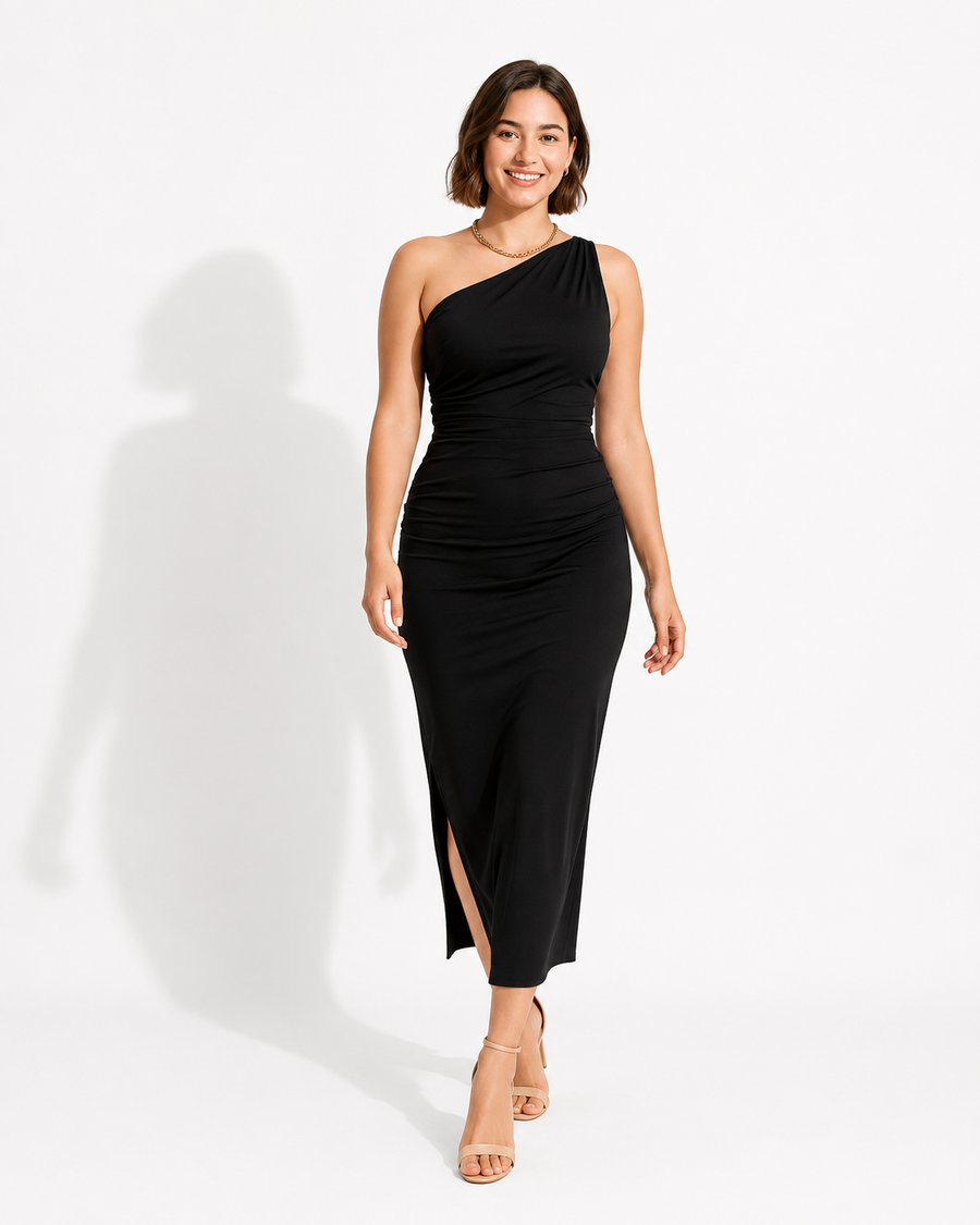 AROSA | Damen Atmungsaktives One-Shoulder Maxikleid mit Schlitz