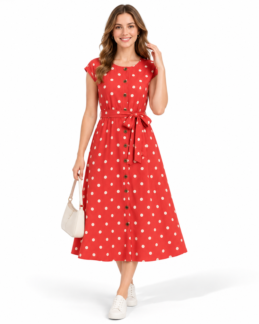 AROSA | Damen Midikleid mit Punktemuster und Bindegürtel
