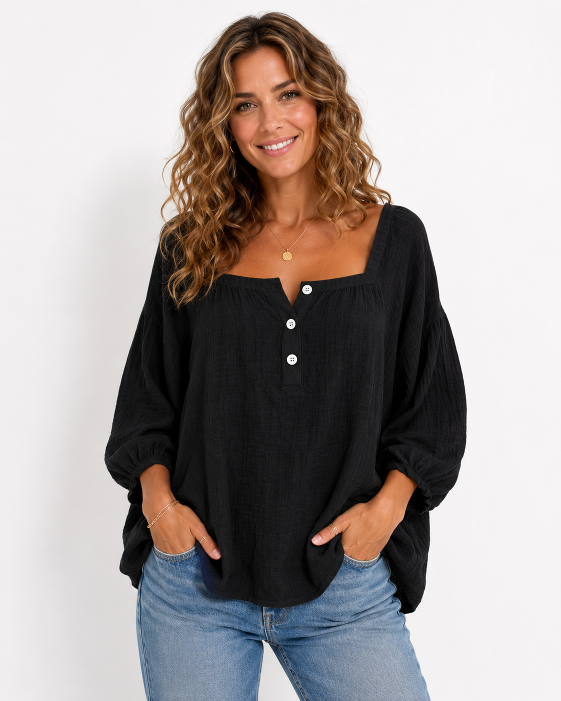 AROSA | Damen Plus Size Baumwoll-Leinen Bluse mit 3/4-Ärmeln